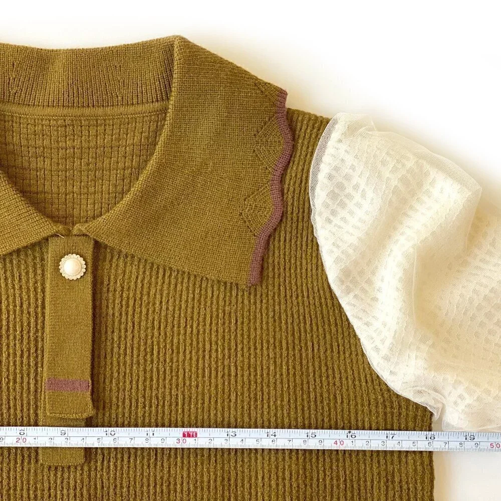 Olive Green Wool Blend Sweater White Mesh Balloon Sleeve S